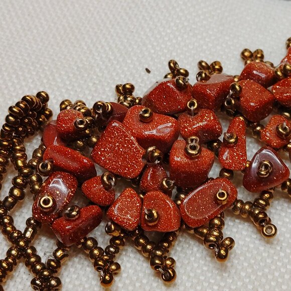 Artisan Bead‑Woven Goldstone Statement Bracelet - Picture 4 of 7